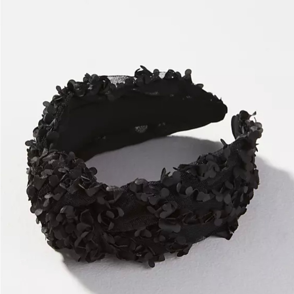 Anthropologie Black Textured Lace Floral Headband